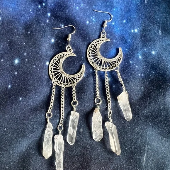 Celestial Moon + Triple Quartz Earrings - Picture 5 of 5